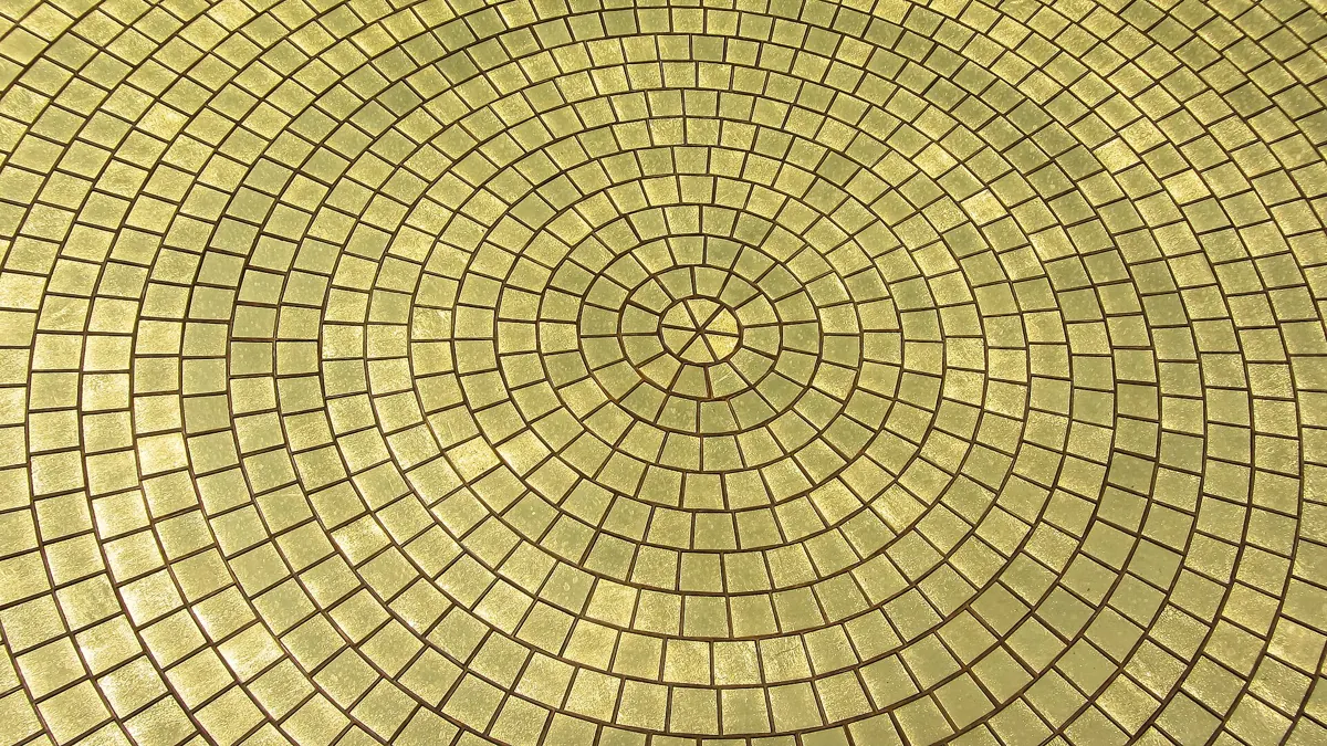 Golden mosaic discs on the Matrimandir, Auroville