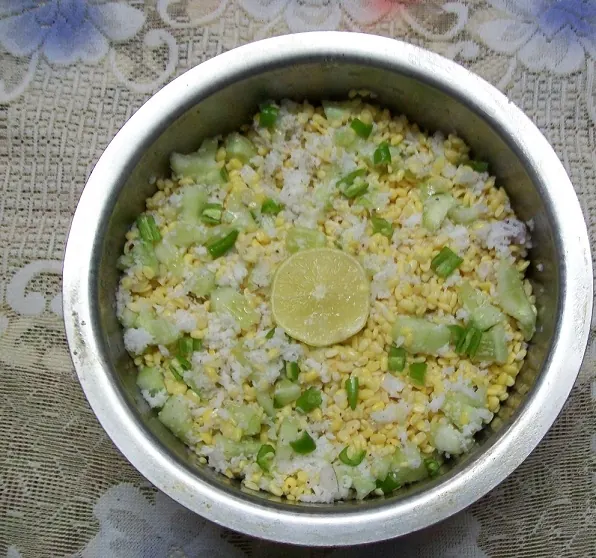 Moong dal kosambari: cucumber and soaked moong salad with lime