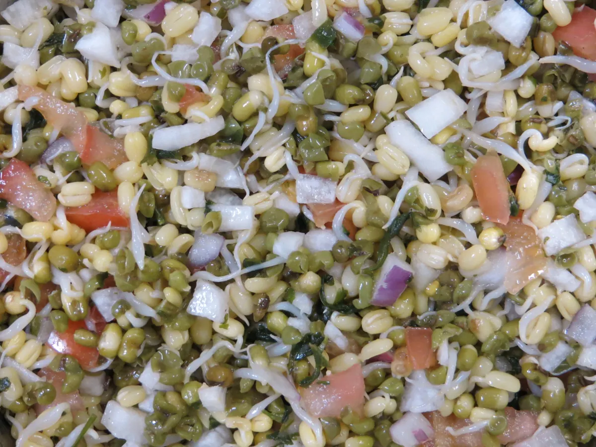 Sprouted moong chaat with onion and tomato, a close cousin of moong dal chaat